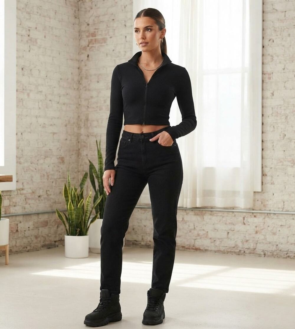 THE KRIPT Black Ribbed Knit Full Zip Mock Neck Cropped Jacket Top Size S EUC